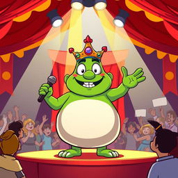 A cartoon-style illustration of King Wart, also known as Mamu, standing proudly on a stage making a grand announcement