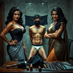 An interrogation room scene showcases two alluring desi women, exuding confidence and seduction