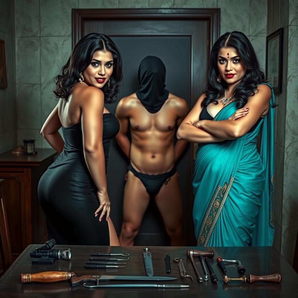 An interrogation room scene showcases two alluring desi women, exuding confidence and seduction