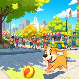 A lively animated GIF showcasing a playful city scene with cartoon-style characters engaging in various fun activities