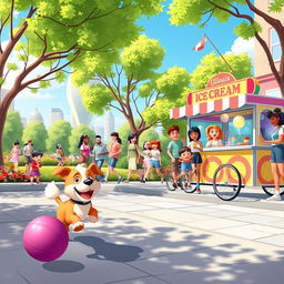 A lively animated GIF showcasing a playful city scene with cartoon-style characters engaging in various fun activities