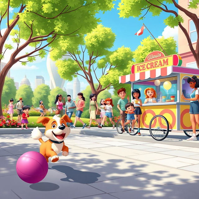 A lively animated GIF showcasing a playful city scene with cartoon-style characters engaging in various fun activities