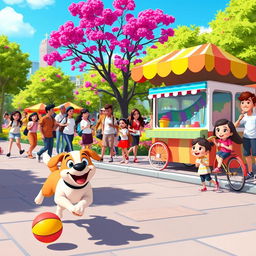 A lively animated GIF showcasing a playful city scene with cartoon-style characters engaging in various fun activities