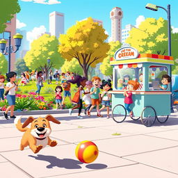 A lively animated GIF showcasing a playful city scene with cartoon-style characters engaging in various fun activities