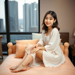 A beautiful Korean woman in a nightgown sitting and facing the camera with a gentle smile, leaning against a bed made out of cake dough