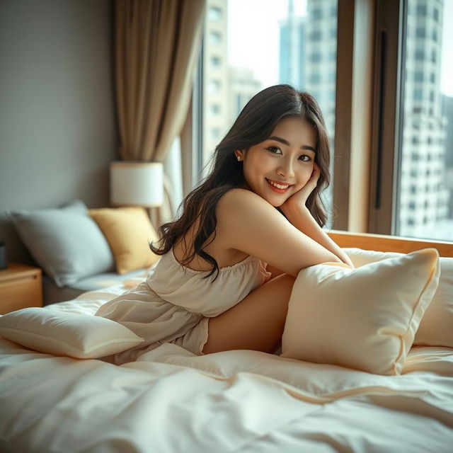 A beautiful Korean woman in a nightgown sitting and facing the camera with a gentle smile, leaning against a bed made out of cake dough