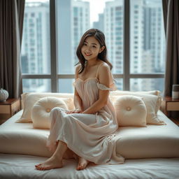 A beautiful Korean woman in a nightgown sitting and facing the camera with a gentle smile, leaning against a bed made out of cake dough