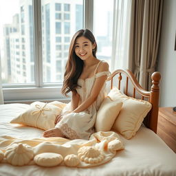 A beautiful Korean woman in a nightgown sitting and facing the camera with a gentle smile, leaning against a bed made out of cake dough