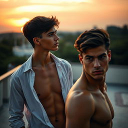 A young man with an unbuttoned shirt revealing his bare upper body, standing on a platform during the evening