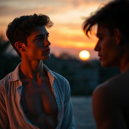 A young man with an unbuttoned shirt revealing his bare upper body, standing on a platform during the evening