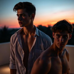 A young man with an unbuttoned shirt revealing his bare upper body, standing on a platform during the evening