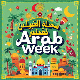 A vibrant and colorful poster depicting the theme of 'Arab Week', with the text "نحن الان في اسبوع العربي" prominently displayed in bold, artistic Arabic calligraphy