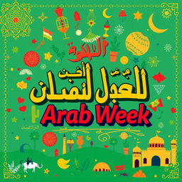 A vibrant and colorful poster depicting the theme of 'Arab Week', with the text "نحن الان في اسبوع العربي" prominently displayed in bold, artistic Arabic calligraphy