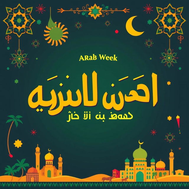 A vibrant and colorful poster depicting the theme of 'Arab Week', with the text "نحن الان في اسبوع العربي" prominently displayed in bold, artistic Arabic calligraphy