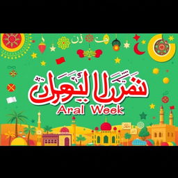 A vibrant and colorful poster depicting the theme of 'Arab Week', with the text "نحن الان في اسبوع العربي" prominently displayed in bold, artistic Arabic calligraphy