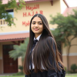 A serene school portrait of a teenage girl named Nazanin Zahra Sadeq Abadi, graceful and confident, standing in front of a traditional school building named Hajar
