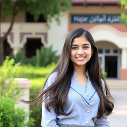 A serene school portrait of a teenage girl named Nazanin Zahra Sadeq Abadi, graceful and confident, standing in front of a traditional school building named Hajar