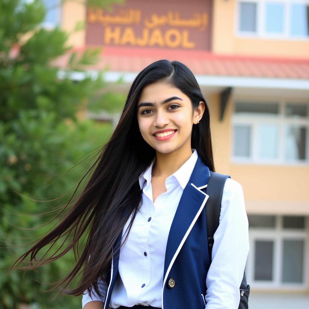 A serene school portrait of a teenage girl named Nazanin Zahra Sadeq Abadi, graceful and confident, standing in front of a traditional school building named Hajar