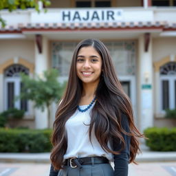 A serene school portrait of a teenage girl named Nazanin Zahra Sadeq Abadi, graceful and confident, standing in front of a traditional school building named Hajar
