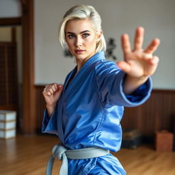 A beautiful woman with platinum blonde hair styled elegantly, wearing a silky smooth satin blue karate gi