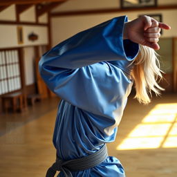 A beautiful woman with platinum blonde hair styled elegantly, wearing a silky smooth satin blue karate gi