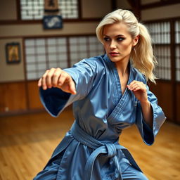 A beautiful woman with platinum blonde hair styled elegantly, wearing a silky smooth satin blue karate gi