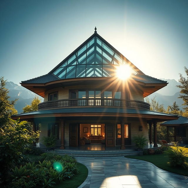 A striking image of a Nepalese house featuring a toughened glass roof