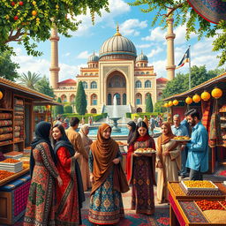 A vivid and colorful representation of Iranian culture, showcasing a bustling bazaar filled with traditional Persian rugs, spices, and handicrafts