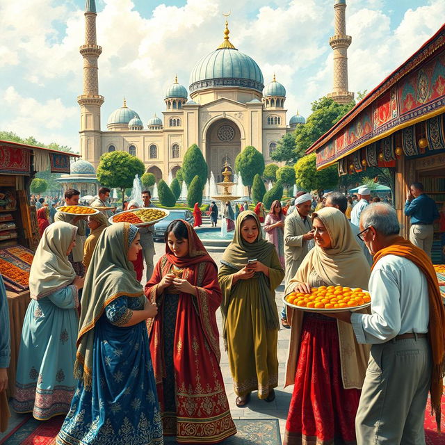 A vivid and colorful representation of Iranian culture, showcasing a bustling bazaar filled with traditional Persian rugs, spices, and handicrafts