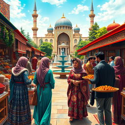 A vivid and colorful representation of Iranian culture, showcasing a bustling bazaar filled with traditional Persian rugs, spices, and handicrafts