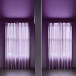 A minimal yet aesthetically pleasing room with purple walls. The room features two sets of windows on adjacent sides, each draped with soft, flowing curtains letting in abundant natural light.