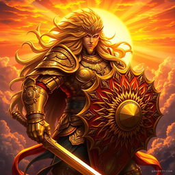 A stunning fan art piece inspired by the concept of the Sun Warrior from fantasy lore, featuring a fierce and powerful warrior adorned in radiant golden armor, etched with intricate sun motifs