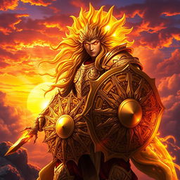 A stunning fan art piece inspired by the concept of the Sun Warrior from fantasy lore, featuring a fierce and powerful warrior adorned in radiant golden armor, etched with intricate sun motifs