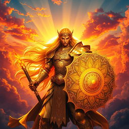 A stunning fan art piece inspired by the concept of the Sun Warrior from fantasy lore, featuring a fierce and powerful warrior adorned in radiant golden armor, etched with intricate sun motifs