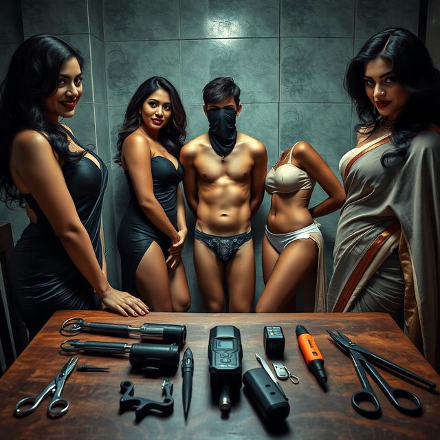 An interrogation room scene captures two seductive desi women, exuding confidence and allure