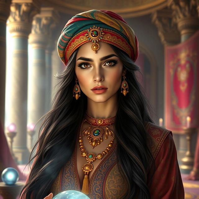 A stunning Achaemenid Persian magician's daughter, dressed in exquisite ancient Persian attire with intricate patterns