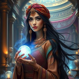 A stunning Achaemenid Persian magician's daughter, dressed in exquisite ancient Persian attire with intricate patterns