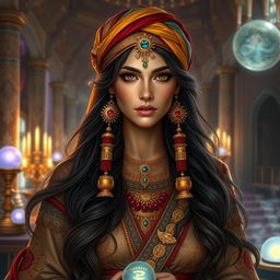 A stunning Achaemenid Persian magician's daughter, dressed in exquisite ancient Persian attire with intricate patterns