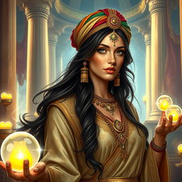 A stunning Achaemenid Persian magician's daughter, dressed in exquisite ancient Persian attire with intricate patterns