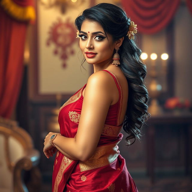 A beautiful Indian woman wearing a traditional saree that enhances her figure, the saree is richly textured with vibrant colors like deep red and gold, showcasing intricate embroidery