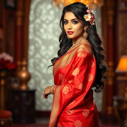 A beautiful Indian woman wearing a traditional saree that enhances her figure, the saree is richly textured with vibrant colors like deep red and gold, showcasing intricate embroidery