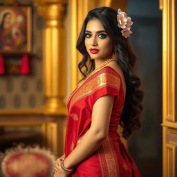 A beautiful Indian woman wearing a traditional saree that enhances her figure, the saree is richly textured with vibrant colors like deep red and gold, showcasing intricate embroidery