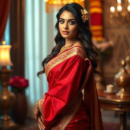 A beautiful Indian woman wearing a traditional saree that enhances her figure, the saree is richly textured with vibrant colors like deep red and gold, showcasing intricate embroidery