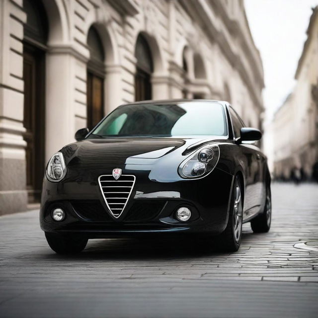 A high-quality photograph featuring a black Alfa Romeo Giulietta parked in the picturesque city of Zagreb