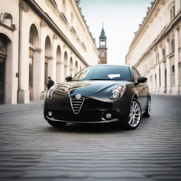 A high-quality photograph featuring a black Alfa Romeo Giulietta parked in the picturesque city of Zagreb