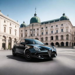 A high-quality photograph featuring a black Alfa Romeo Giulietta parked in the picturesque city of Zagreb