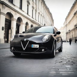 A high-quality photograph featuring a black Alfa Romeo Giulietta parked in the picturesque city of Zagreb