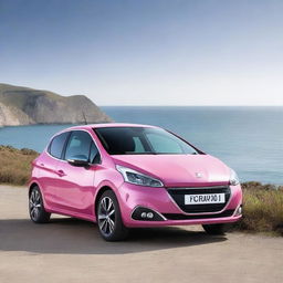 A high-quality photograph featuring a pink Peugeot 208 parked by the sea