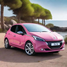 A high-quality photograph featuring a pink Peugeot 208 parked by the sea