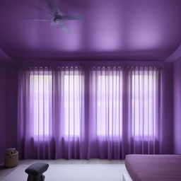 A minimal yet aesthetically pleasing room with purple walls. The room features two sets of windows on adjacent sides, each draped with soft, flowing curtains letting in abundant natural light.